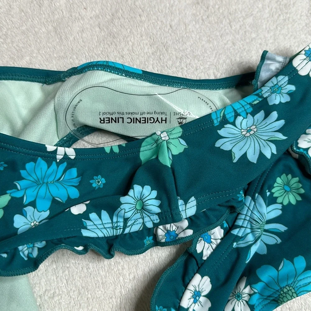 Teal bikini‎ with floral ruffle bottoms Sz Large NEW WITH TAGS!